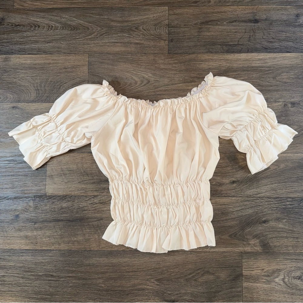 Source Unknown Cream Flutter Sleeve Peasant Blouse with Smocked Ruffles